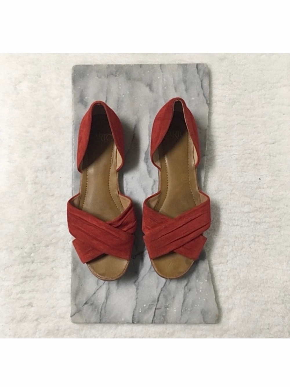 Franco Sarto Red Suede Flats Size 7.5 Open Toe Summer